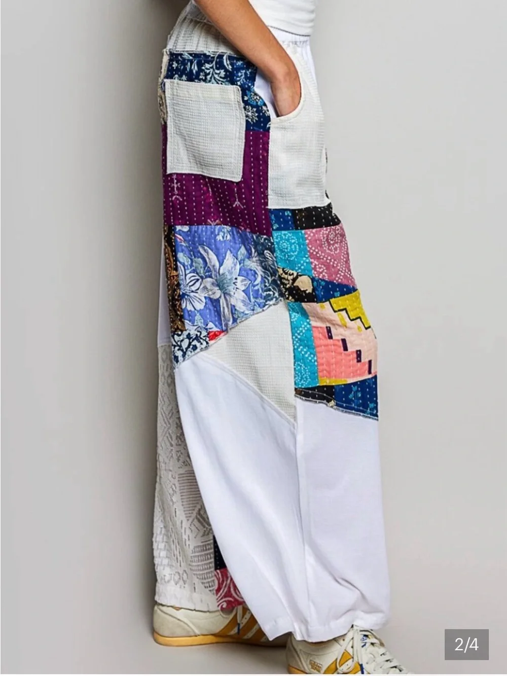 NEW POL Patchwork Woven Wide-Leg Pants - White Medium